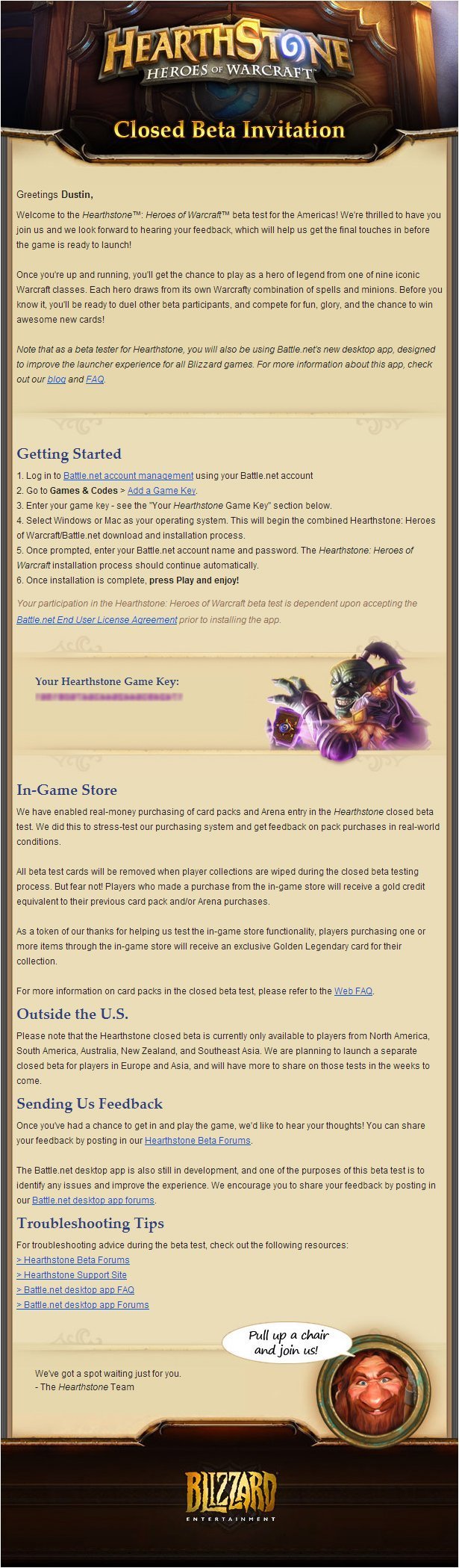 HearthStone: Heroes of WarCraft Email Beta Invitation